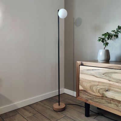Modern Minimalist Floor Lamp with Wooden Base Black LED Standing Light